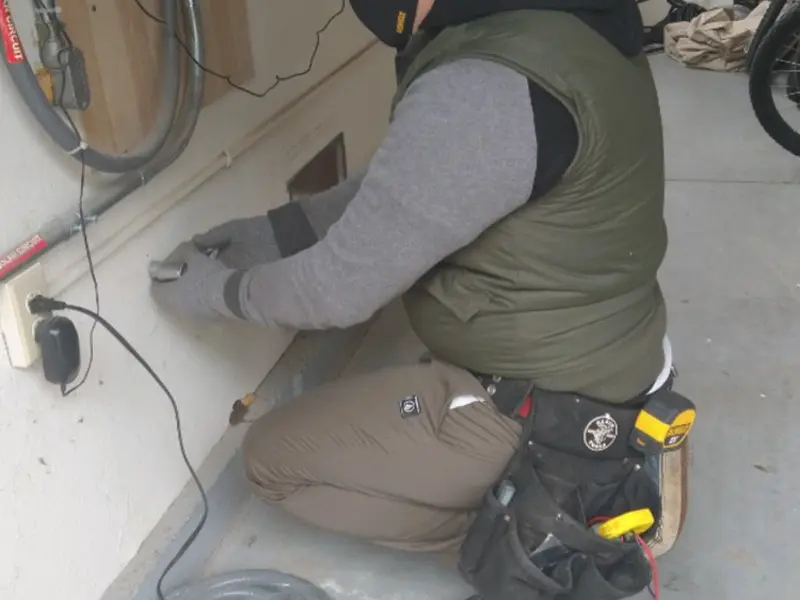 Electrician performing outlet wiring in a Livingston garage